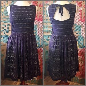 Navy & Mint Perforated Cotton Keyhole Dress